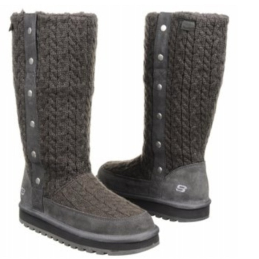 Charcoal Knit & Suede Sketchers Mid Calf Keepsake Boots EUC Size 8